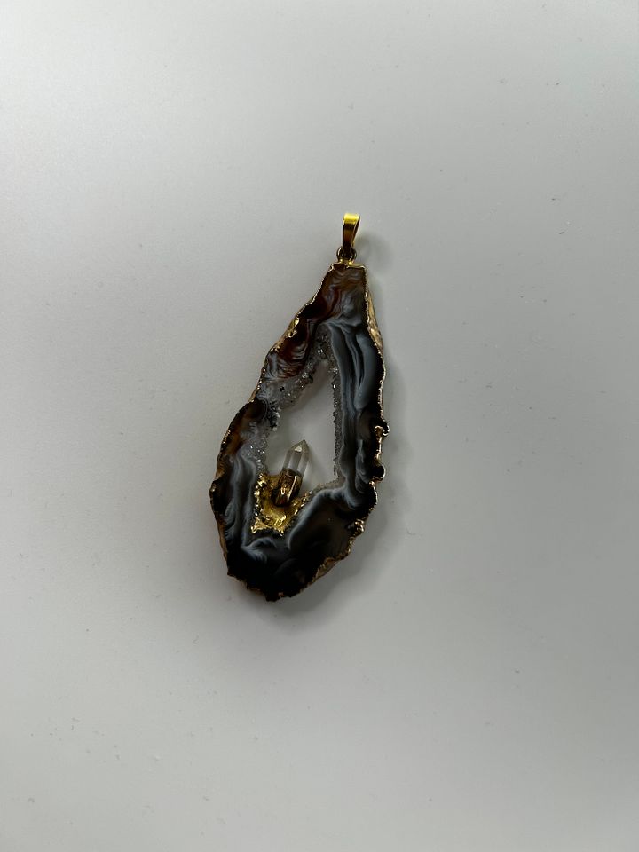 Agate Slice Clear Quartz Crystal Gold Tone Pendant product image (2)