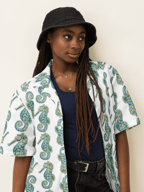 Women's | Ocean Majesty | Painted Seahorses on White | Hawaiian Shirt | Vibrant Coastal Style product image (1)