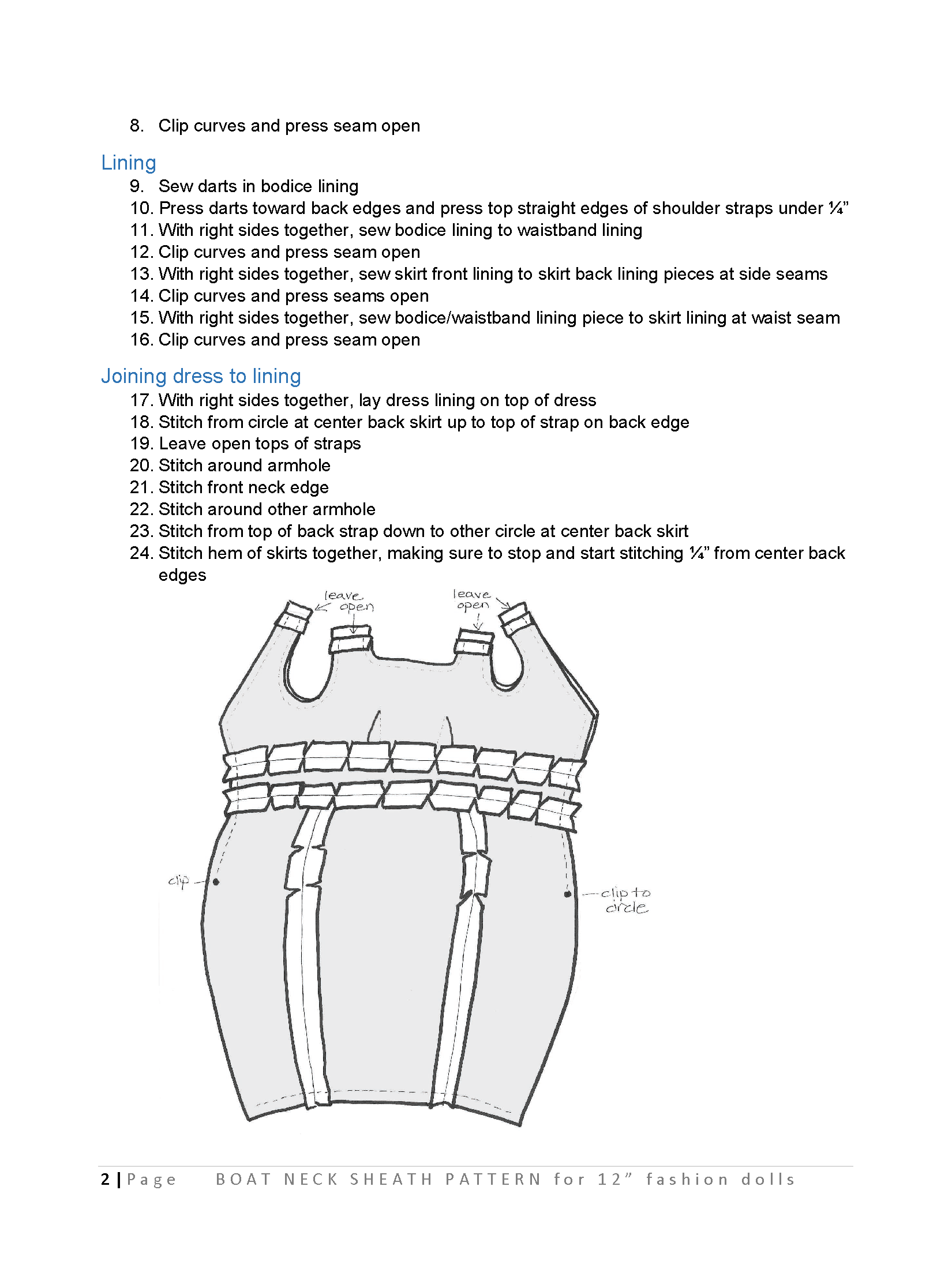 Boat Neck Sheath sewing pattern for 12" fashion dolls product image (3)