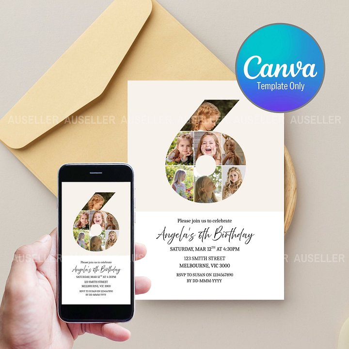 6th Birthday Photo Collage Editable Invitation Template product image (1)