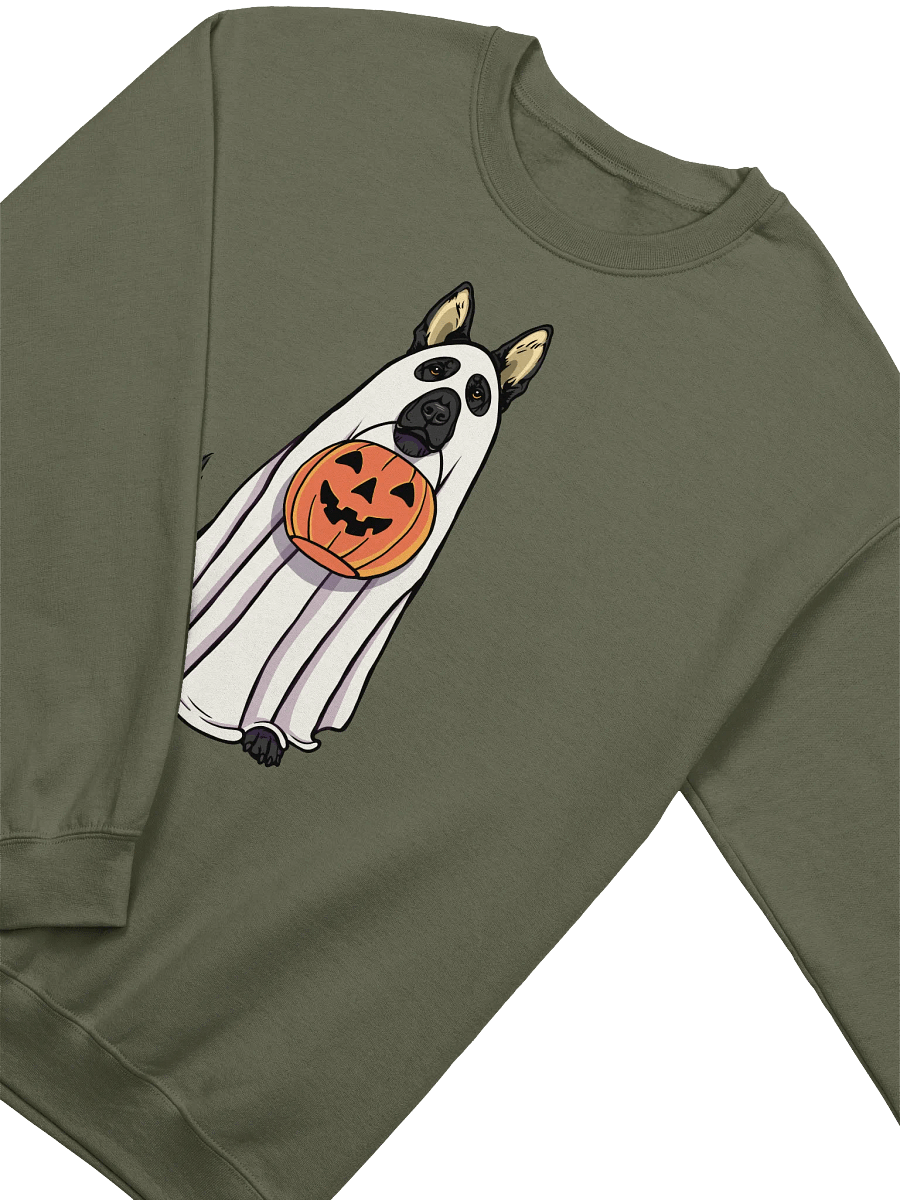 Funny Halloween German Shepherd(Black) Sweatshirt | Funny GSD Wearing a Ghost Costume and Holding a Pumpkin Basket product image (14)