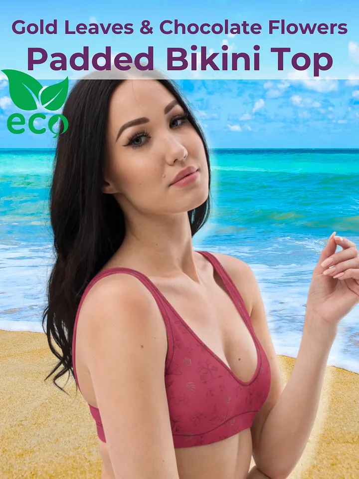 Gold Leaves and Chocolate Flowers on Magenta Eco-Green Padded Bikini Top product image (1)