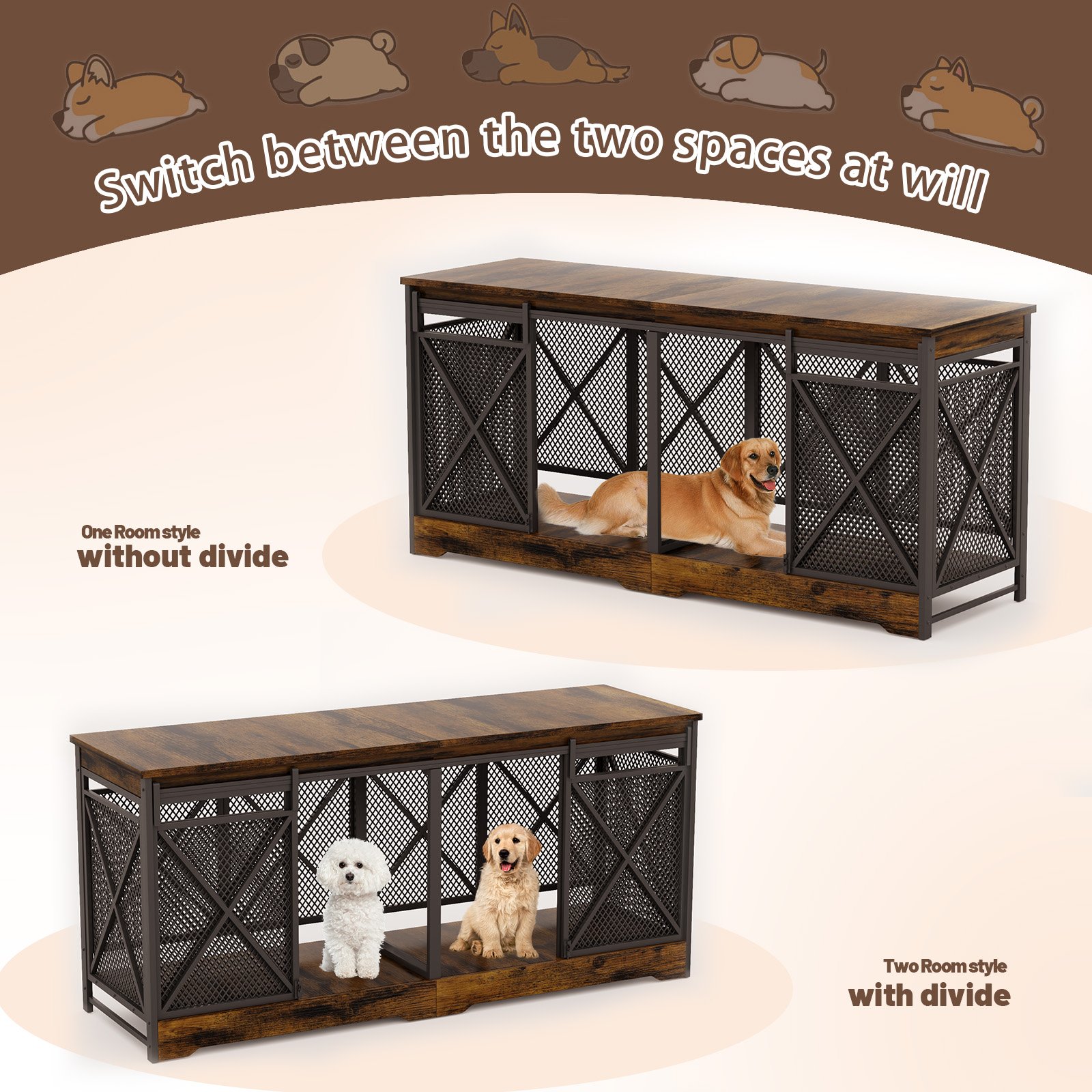 78 Inch Double Dog Crate Furniture, Extra Large Dog Kennel Indoor for Medium Large 2 Dogs, Heavy Duty Dog Cage Chew-Resistant Steel and Wooden Pet House with Removable Divider (Brown) product image (8)