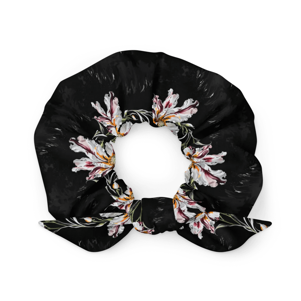 Hair Scrunchie - Painted Pink Flowers on a Black Background product image (1)