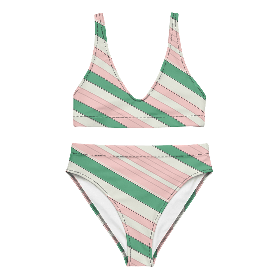 Diagonal Resort Stripes Green and Pink High-Waisted Bikini product image (1)