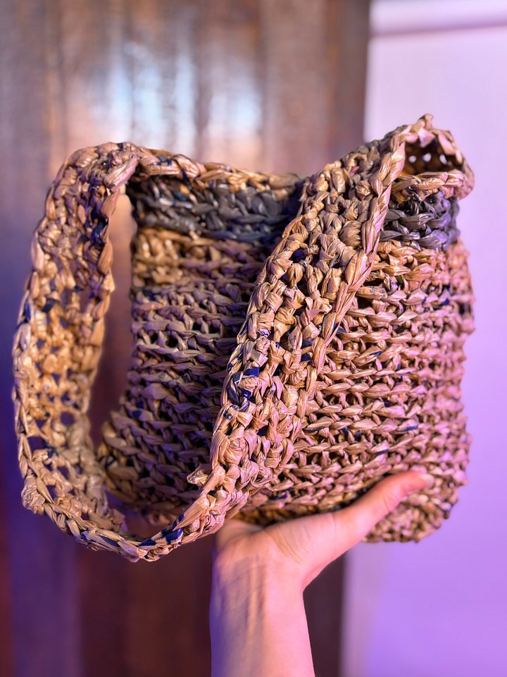 Small Handcrafted Crochet Tote Bag (Brown with Grey Stripe) product image (2)