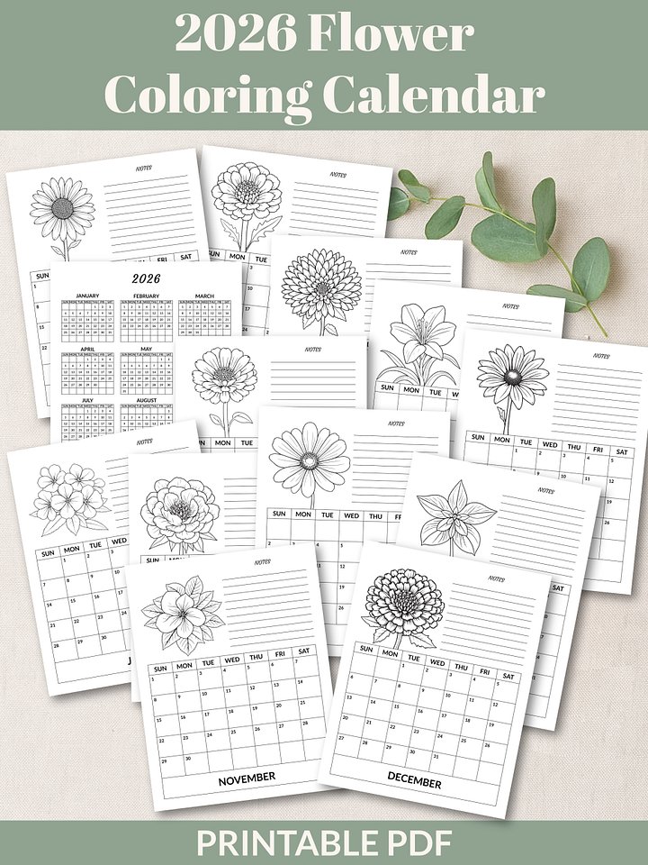 Printable 2026 Flower Coloring Calendar product image (1)