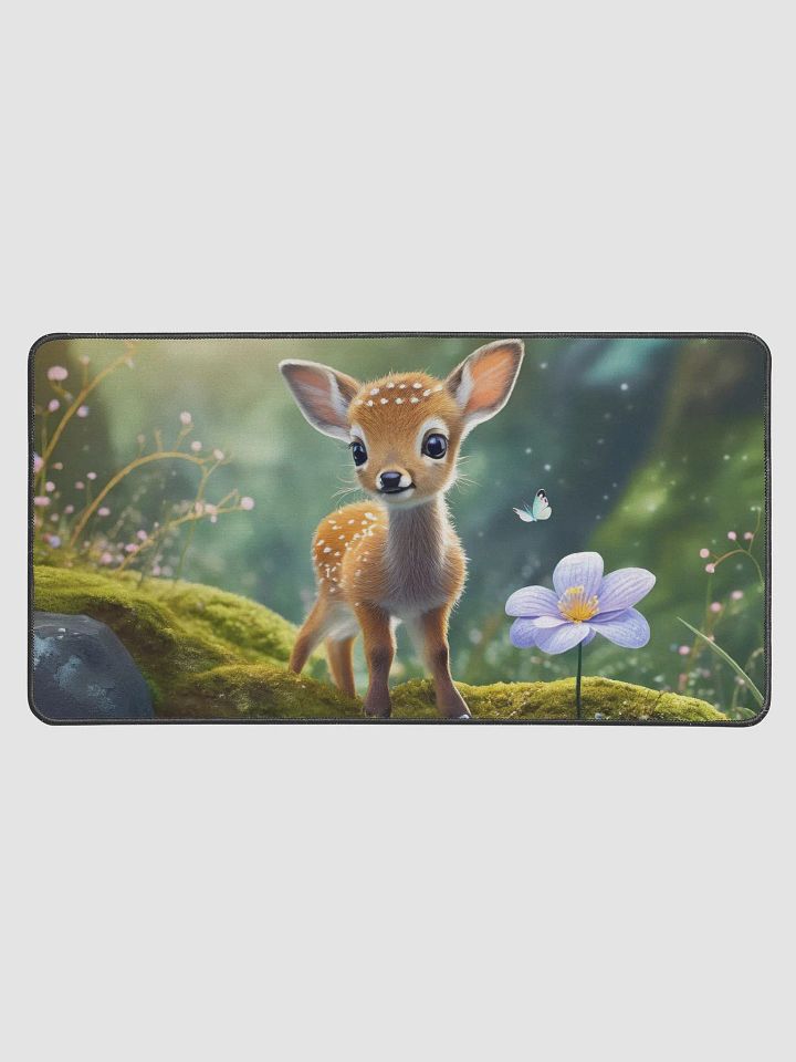 Adorable baby deer standing near by a mossy rock, butterfly resting next to the deer-Gaming Desk Mat 15.5