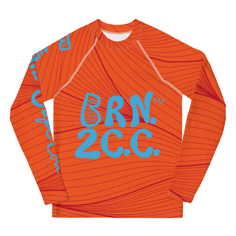 YOUTH | Rash Guard | BRN.2C.C.™ Front Graphic | BOURNE to Cape Cod™ Sleeve & Back Logo | Coastal Swim Shirt for Kids | UV Protection Activewear | Blue Logo on Red and Orange Abstract product image (1)