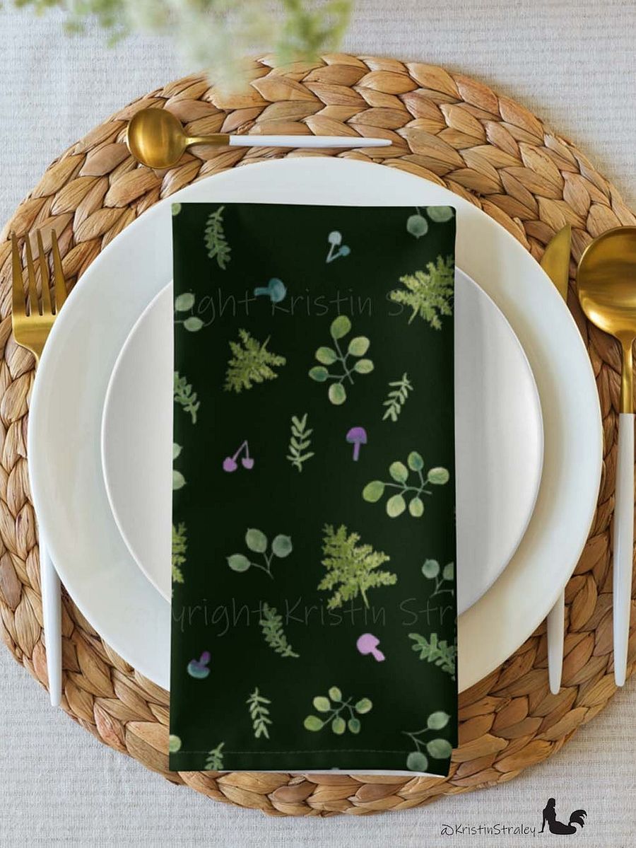 Woodland Ferns & Mushrooms on Dark Green Cloth Napkin Set of 4 product image (6)