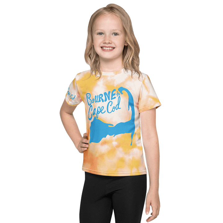 Girls' | Little Kids T-Shirt | BOURNE to Cape Cod™ | Front & Sleeve Logo | BRN.2C.C.™ Back Graphic | Vibrant Coastal Tee for Kids | Blue Logo on Orange Tie-Dye product image (1)