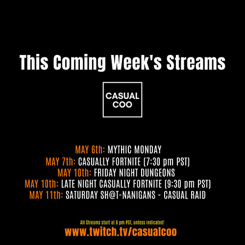 Need your casual fix this coming week? Here is CasualCoo's stream schedule for this week. As always, you can catch him on Twi...