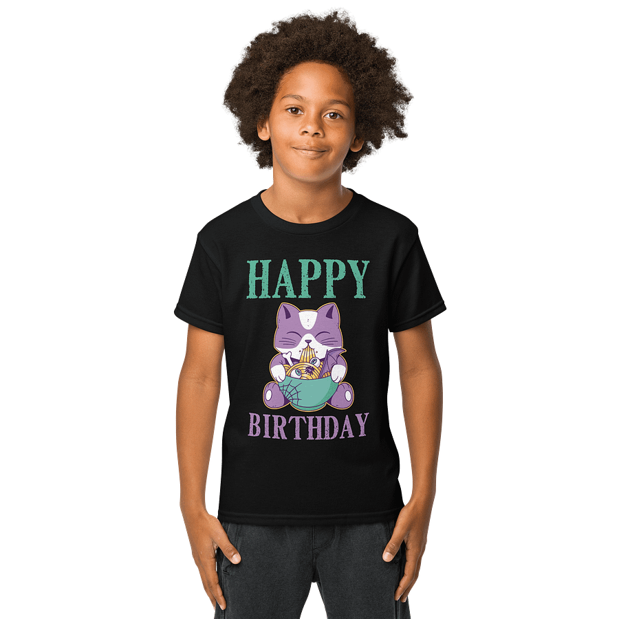 Happy Birthday (Spooky Cat Eating Noodles) T-Shirt For Kids product image (1)