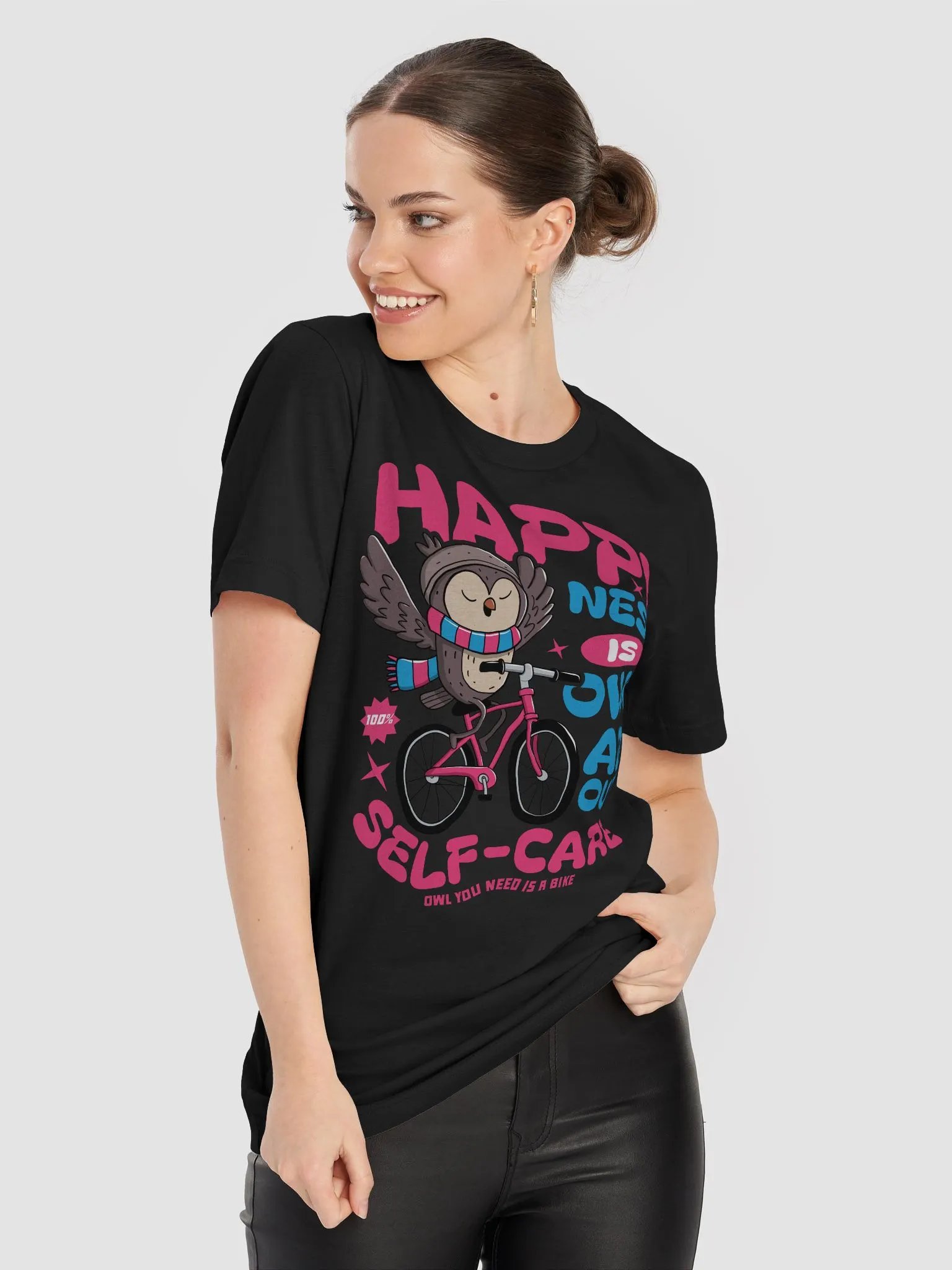 Happiness Is Owl About Self-Care Graphic T-Shirt – Cute Owl Bike Design product image (68)