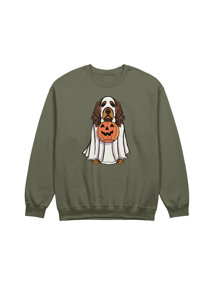 Funny Halloween Cocker Spaniel(Liver & Tan) Sweatshirt | Funny Cocker Spaniel Wearing a Ghost Costume and Holding a Pumpkin Basket product image (1)
