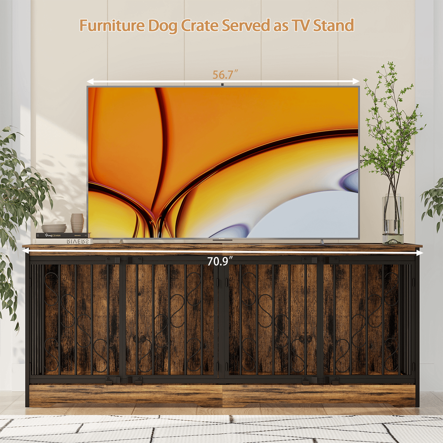 71 Inch Double Dog Crate Furniture, Extra Large Dog Kennel Indoor for 2 Dogs, Heavy Duty Wooden Dog House with Divider, Pet House Decorative as Table & TV Stand for X Large Dogs ( Brown) product image (8)