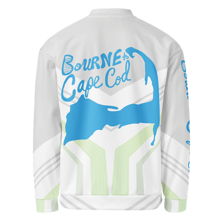 All-Over Print Bomber Jacket | Coastal Cool, City Bold | BOURNE to Cape Cod™ + BRN.2C.C.™ Style | Deep Sky Blue Logos on Preppy Geometrics product image (2)