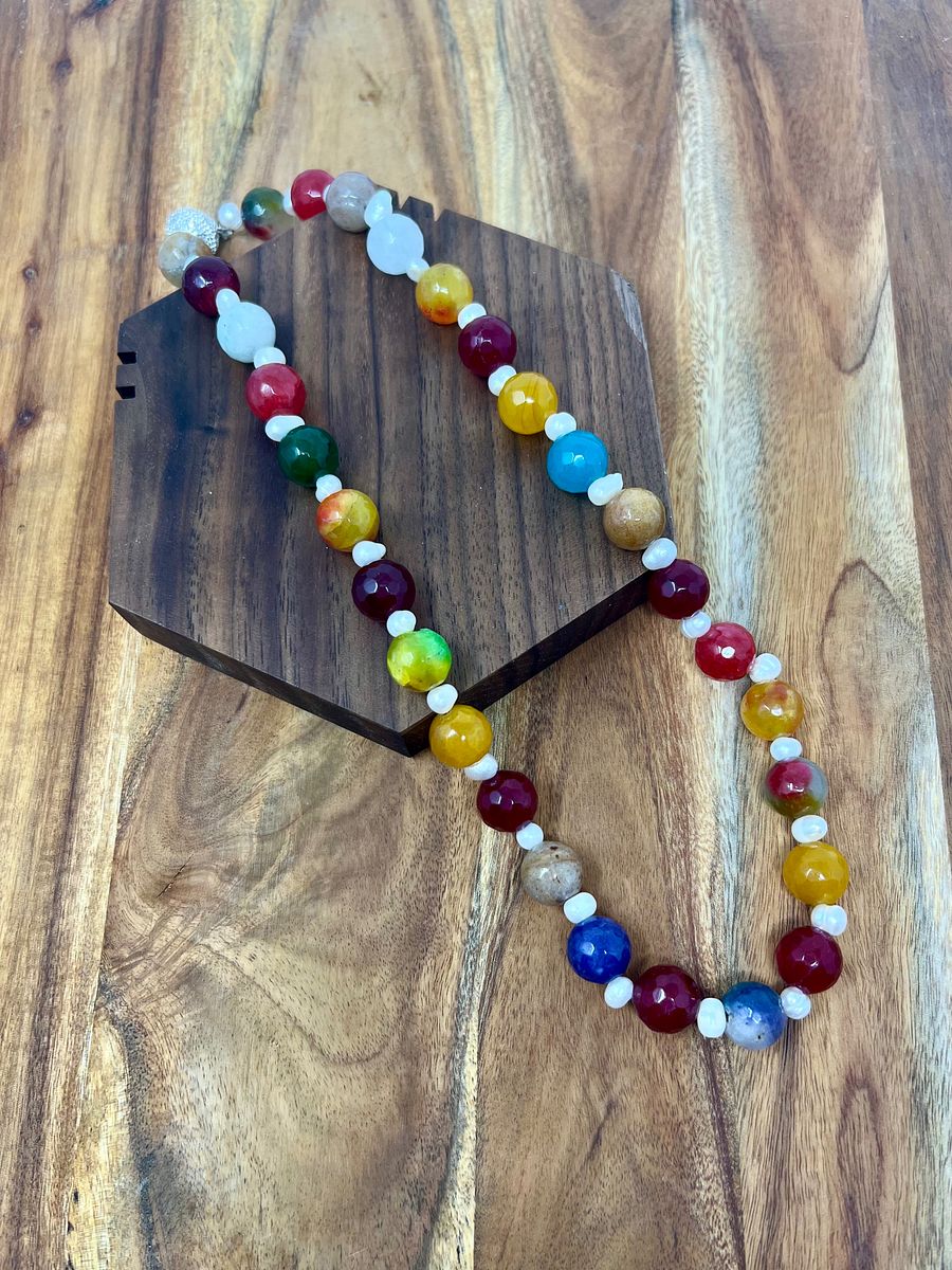 Handmade Necklace (Rainbow Stones and Pearls) product image (1)