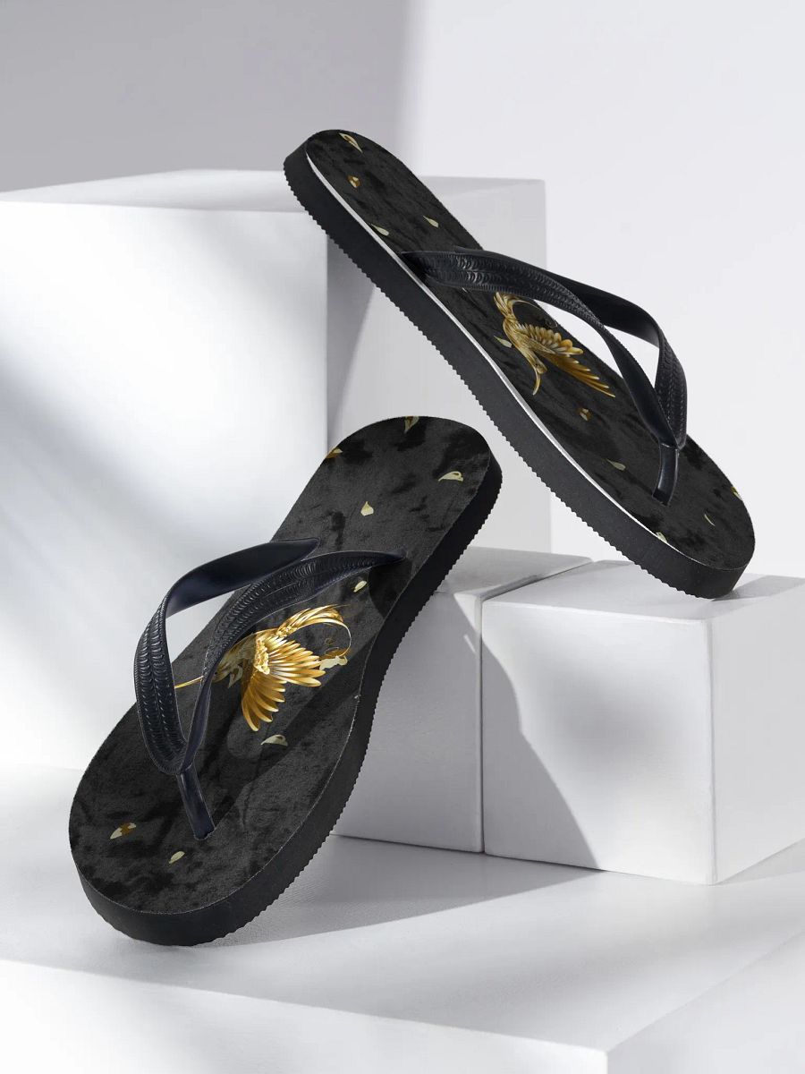 Golden Hummngbird with golden petals on black velvet effect Flip Flops product image (3)