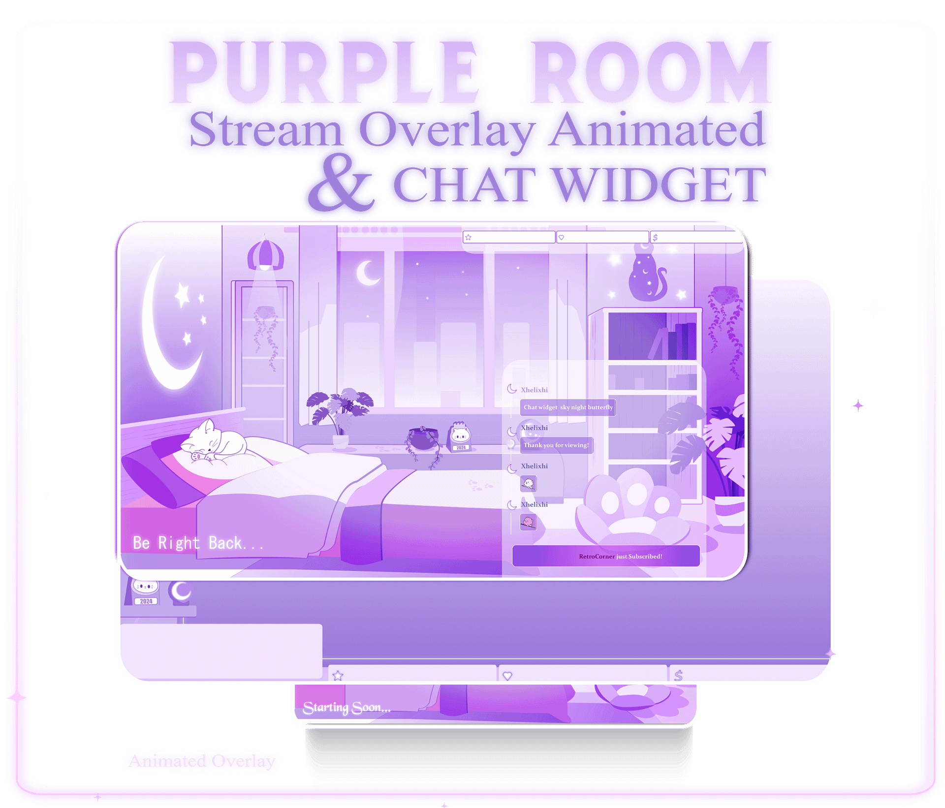 Glowing Room Stream Overlay Animated Pack, Stream Overlay Animated Cute Purple Room Overlay , Cute Room Kitty Overlay, Starting Soon, Brb product image (1)