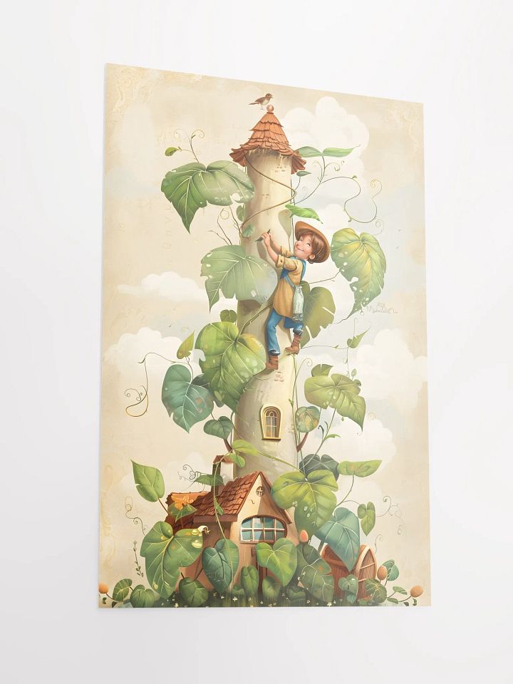 Boy climbing a tall beanstalk toward a cozy small house product image (2)