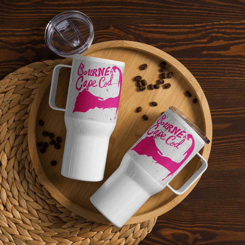 BOURNE to Cape Cod™ | Allcolor 267 | Stainless Steel Travel Mug with Handle | Insulated, Spill-Proof, Coastal Adventure Style | Pink Logo on Patriotic Pastels product image (5)