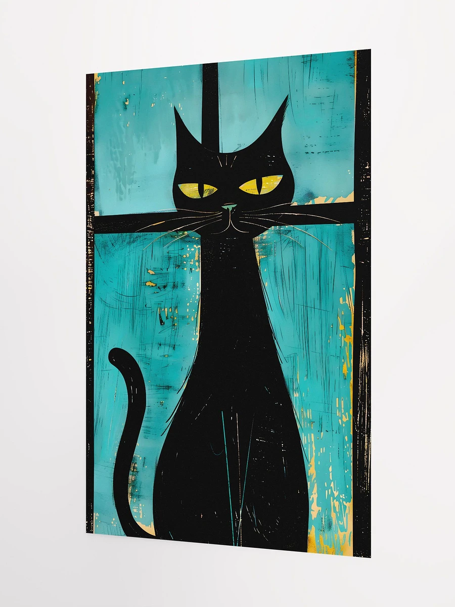 Mystic Gaze: Black Cat with Vintage Teal Background Art Matte Poster product image (5)