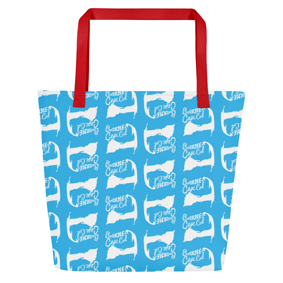 BOURNE to Cape Cod™ | Large Tote Bag with Pocket | Coastal Classic | All-Over Logo Print | White Logo Repeat on Deep Sky Blue product image (2)