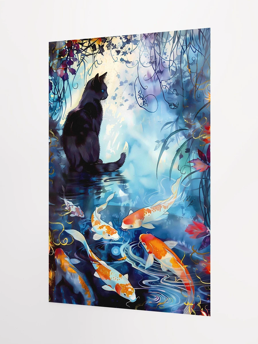 Tranquil Whiskers and Koi Dance: A Black Cat's Waterside Reverie Matte Poster product image (5)