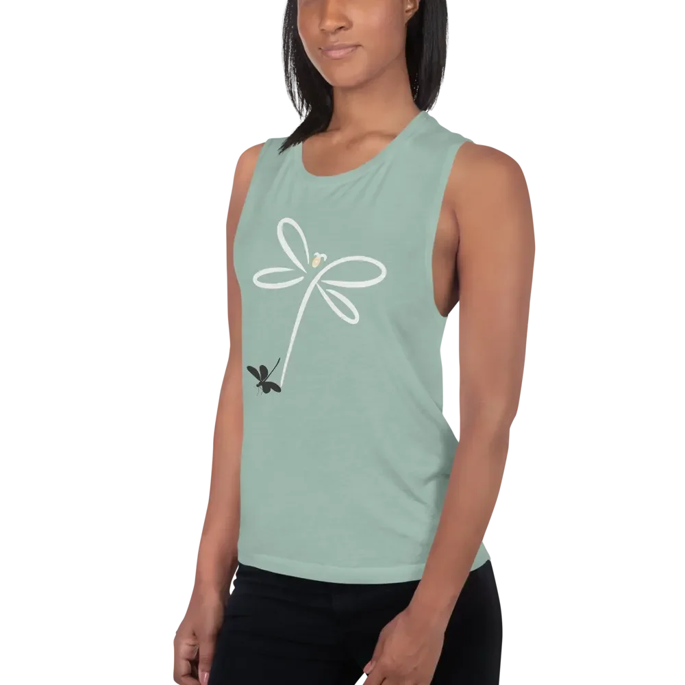 Womens flowy muscle tank top with stylish dragonfly design. Minimilist style product image (3)
