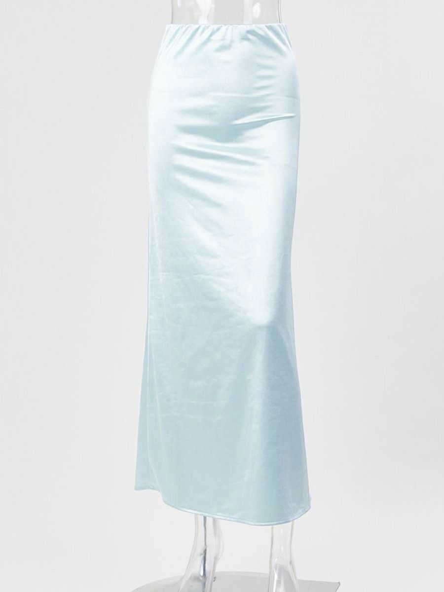 Wholesale high quality casual slight stretch solid color satin high waist maxi skirt product image (8)
