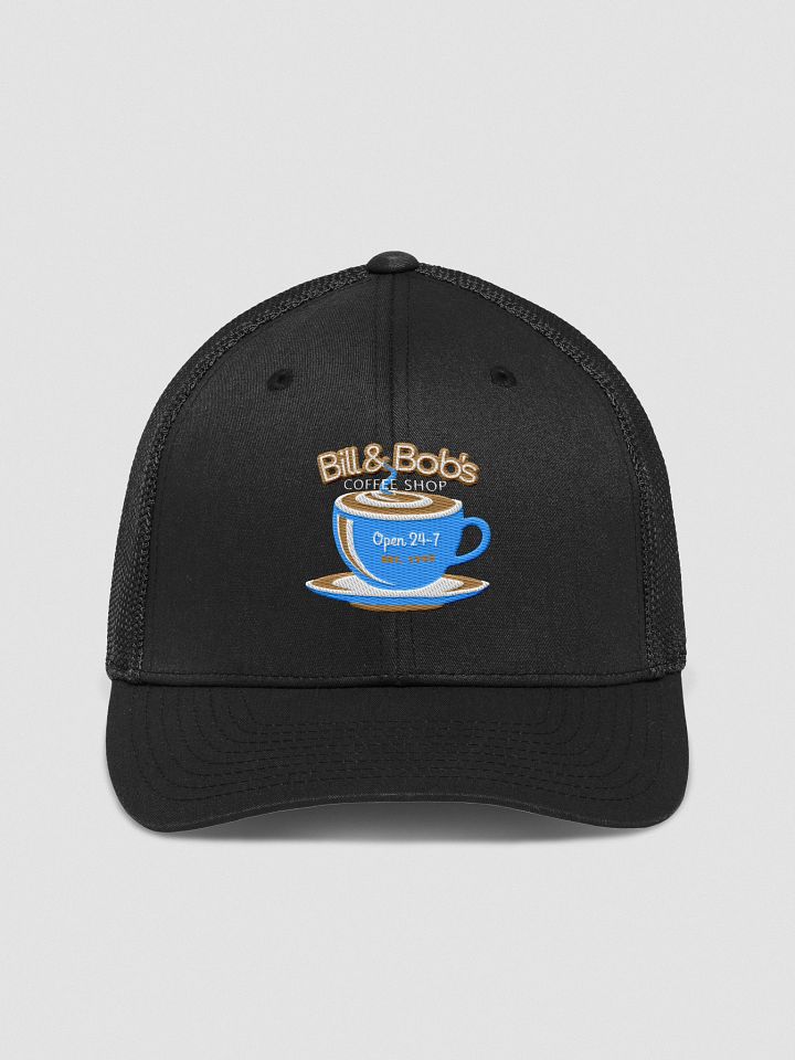 Bill & Bob's Coffee Shop Open 24/7 Trucker Hat, Aqua Teal Blue Color Accent product image (1)