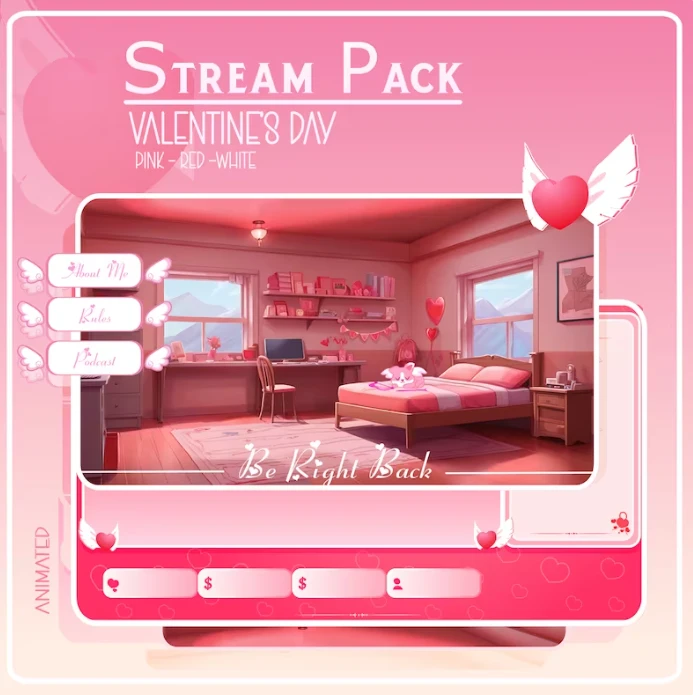 Valentine Stream OVERLAY Animated Pack, Valentines lofi stream overlay, Stream overlays, Pink Red stream overlays, Love Animated Screens product image (1)