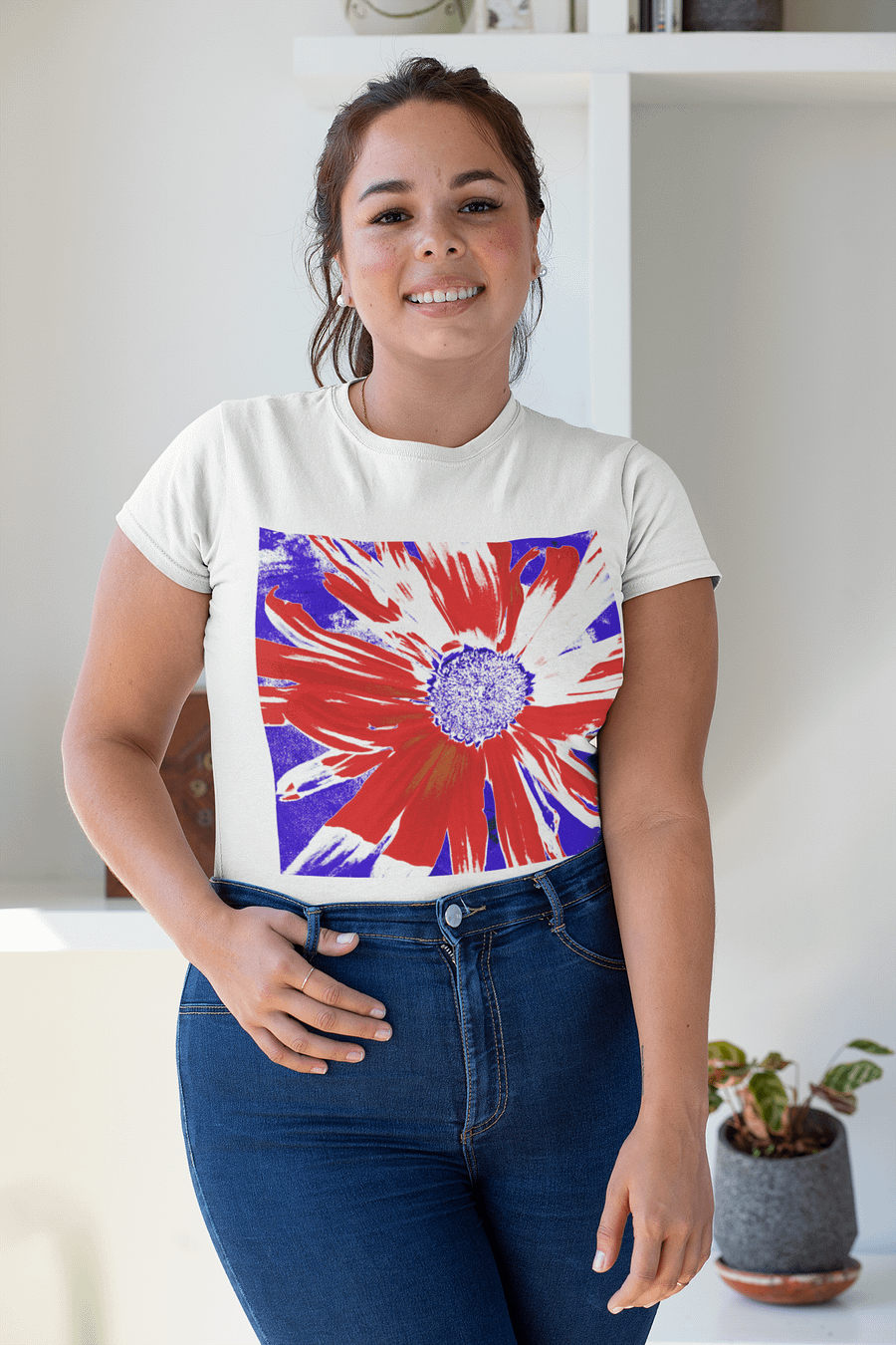 Navy, Red and White Daisy on Navy Abstract Background Women's T Shirt product image (10)
