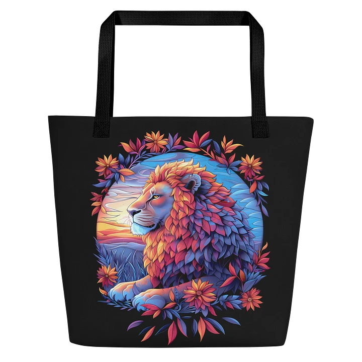 Tote Bag: Tranquil Lion Sunset Backdrop Quiet Courage Stylish Floral Art Style Design product image (1)
