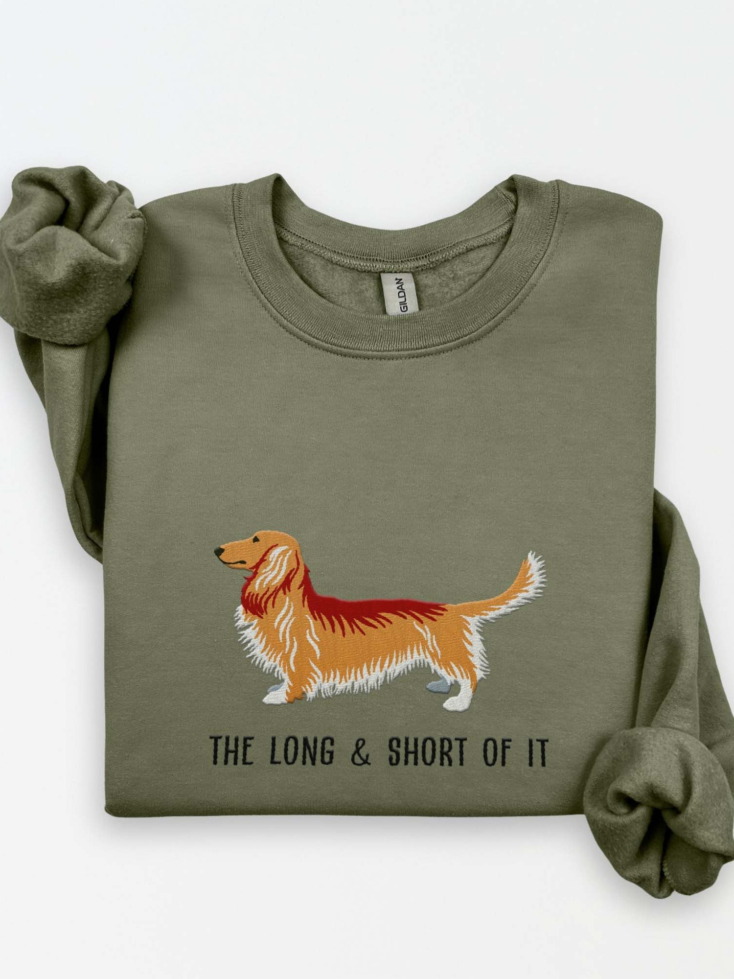 The Long & Short of It Sweatshirt (Embroidered) of a Longhaired Dachshund(Tan) product image (1)
