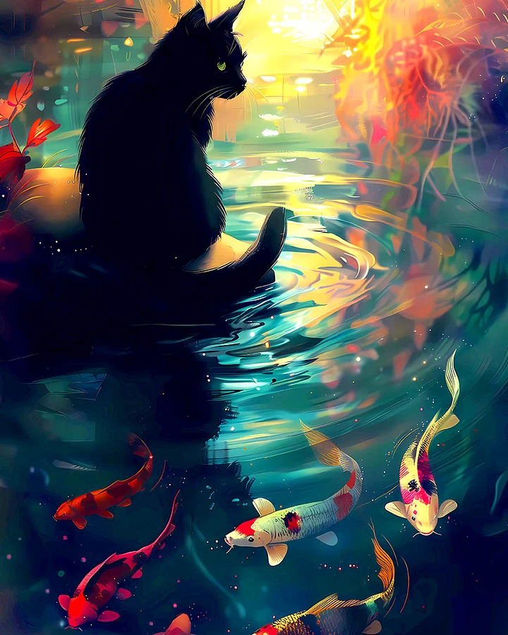 Dreamy Koi Pond with Mysterious Black Cat Matte Poster product image (1)