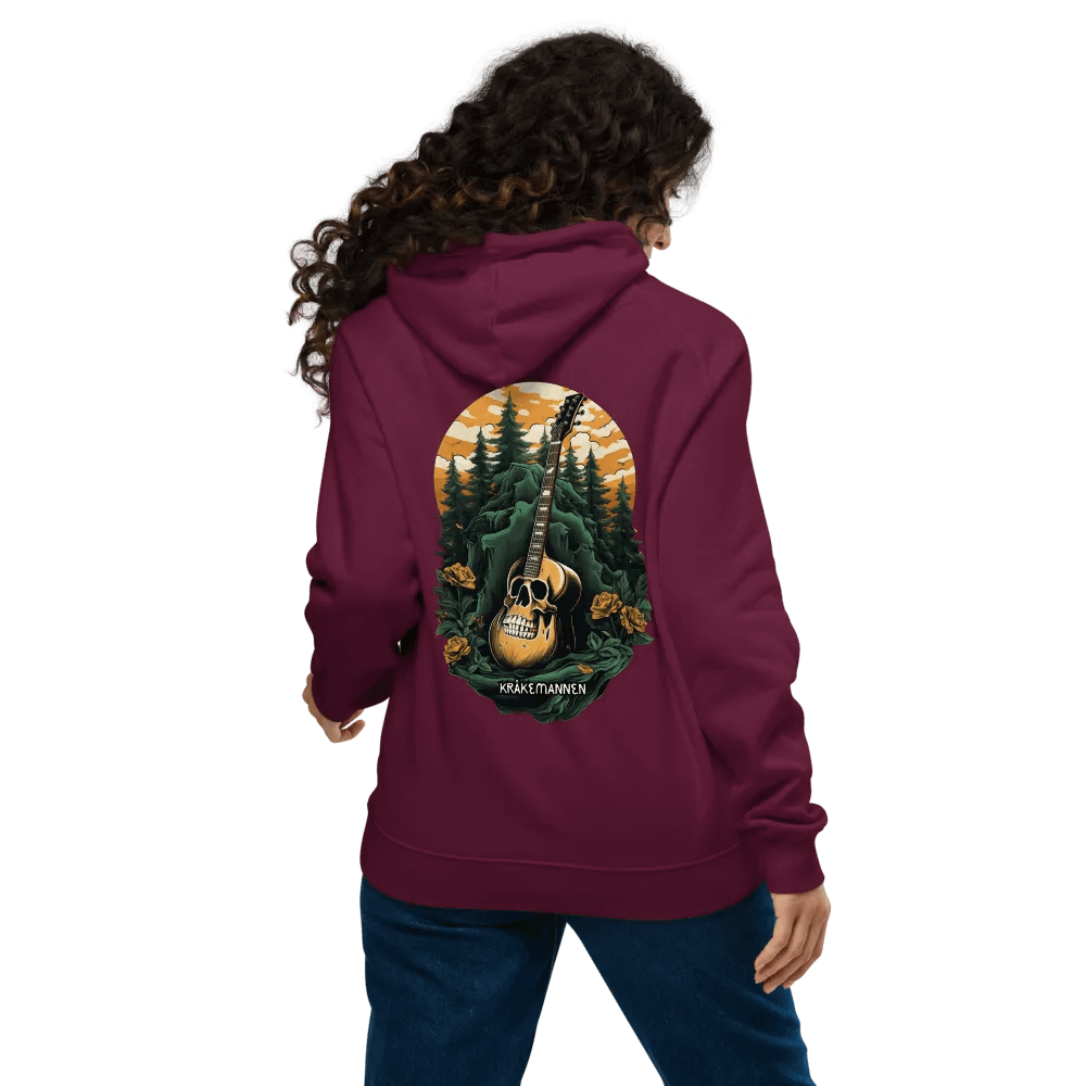 Unisex Eco Raglan Hoodie 🌲 Dark green spruce forest with a skull-shaped guitar product image (11)