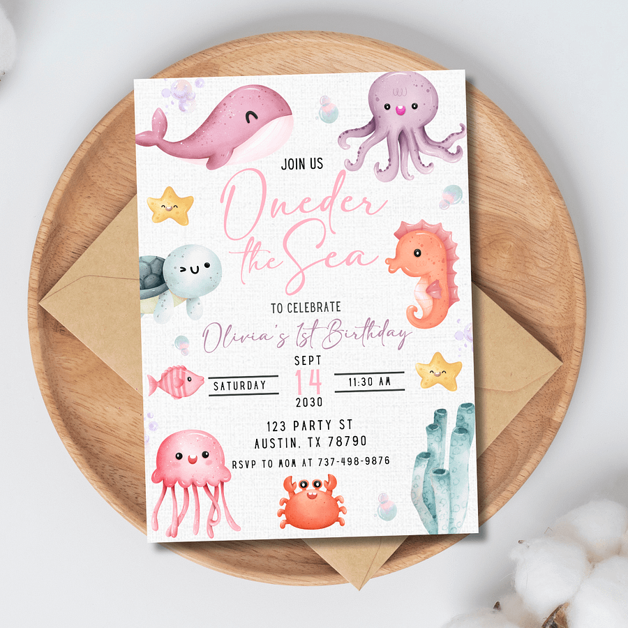 Oneder the Sea Birthday Invitation | Girl 1st Birthday Party Under the Sea | Editable Canva Template | Ocean Mermaid Sea Animals Theme product image (6)