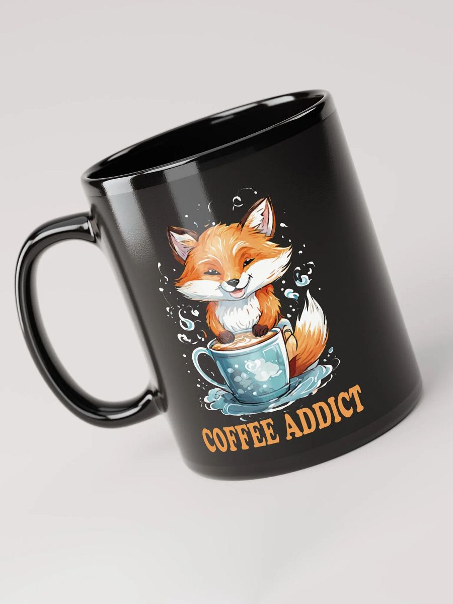 Coffee Addict Funny Black Glossy Mug | Double-Sided Cute Fox Holding Coffee Cup Design | Perfect Gift for Coffee Lovers product image (3)