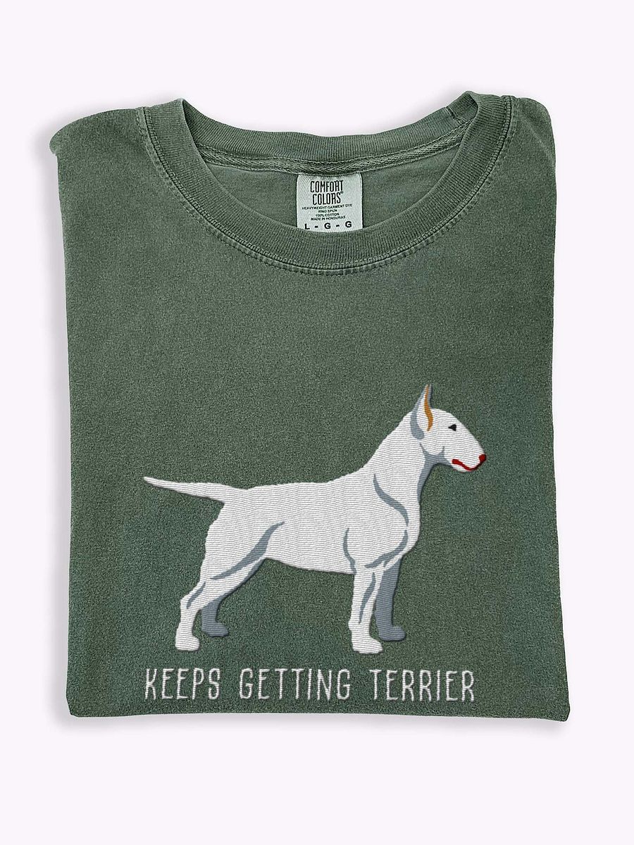 Keeps Getting Terrier T-Shirt(Embroidered) of an English Bull Terrier(White) product image (1)