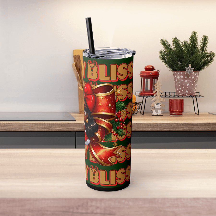 Holiday Bliss Christmas Tumbler Wrap Design, Festive Black Girl Clipart, Christmas Bow Sublimation PNG, Red and Green Holiday Cheer Art product image (4)