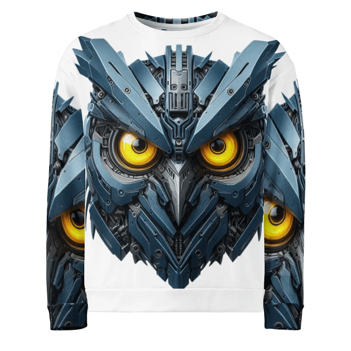 make an interesting title, White long sleeve men's t-shirt with metal owl robot design! Cool and modern product image (2)