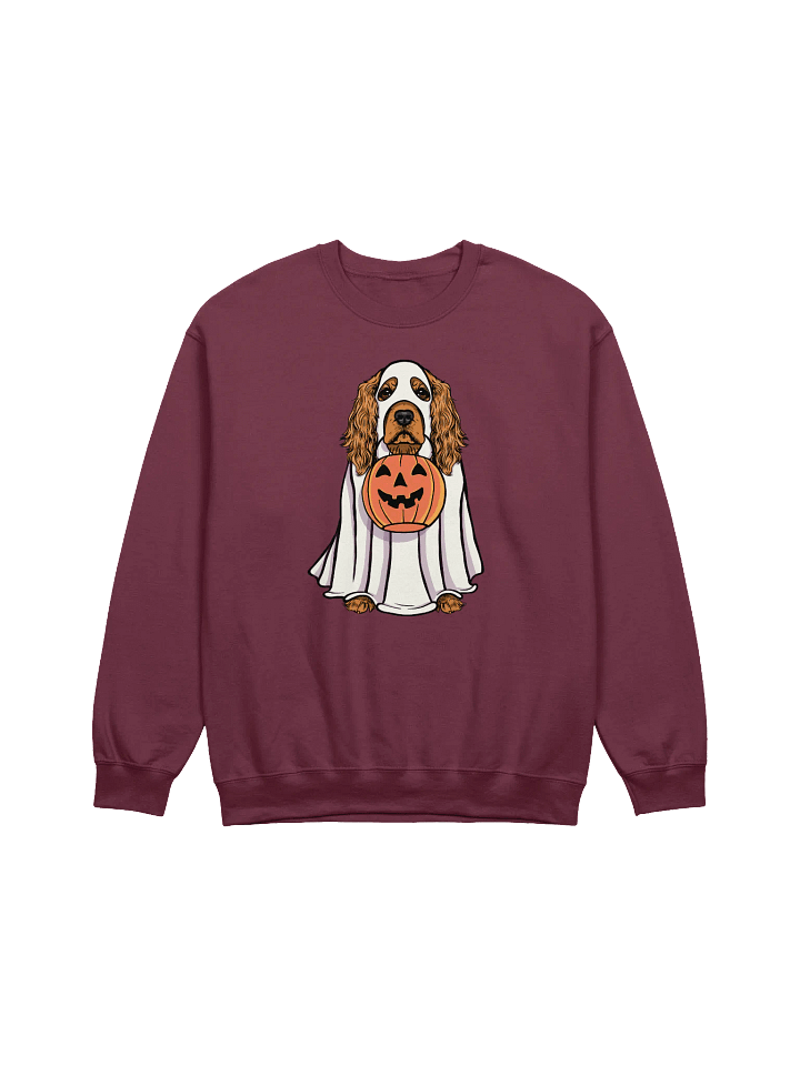 Funny Halloween Cocker Spaniel Sweatshirt | Funny Cocker Spaniel Wearing a Ghost Costume and Holding a Pumpkin Basket product image (1)