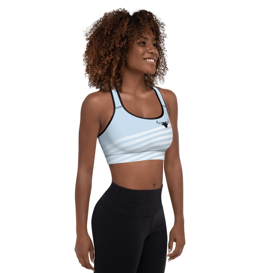 Bull's horns design with Background fill abstract blue stripes -All-Over Print Padded Sports Bra. product image (3)