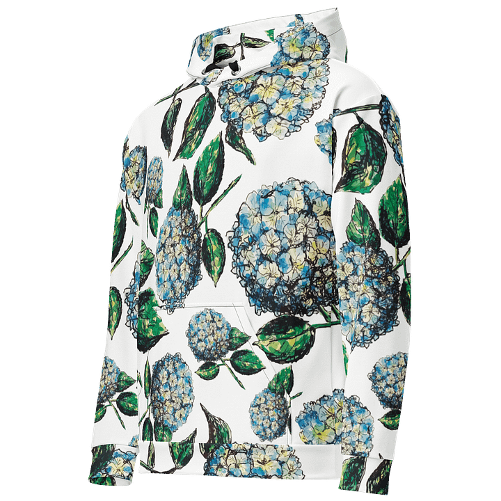 🌸 Coastal Bloom | Hydrangeas Repeat Pattern Hoodie | Monique Faella Designs™ | Unisex Floral Sweatshirt | Artful Botanical Fashion product image (2)
