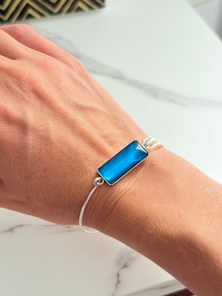 ⚡ Electric Tide Bangle | 6.5" Silver-Plated Wire Bracelet with Blue Rectangle Charm | Handmade Coastal Charm Jewelry by Monique Faella Designs™ | MFD-00173 product image (1)