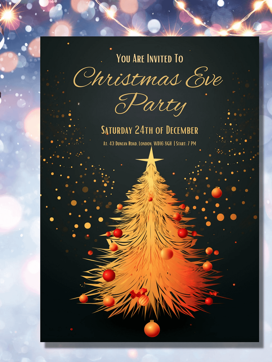 Golden Tree Christmas Eve Party Invitation | Editable in Canva | Christmas Party Printable | Holiday Invitation Template | Link to Canva product image (3)