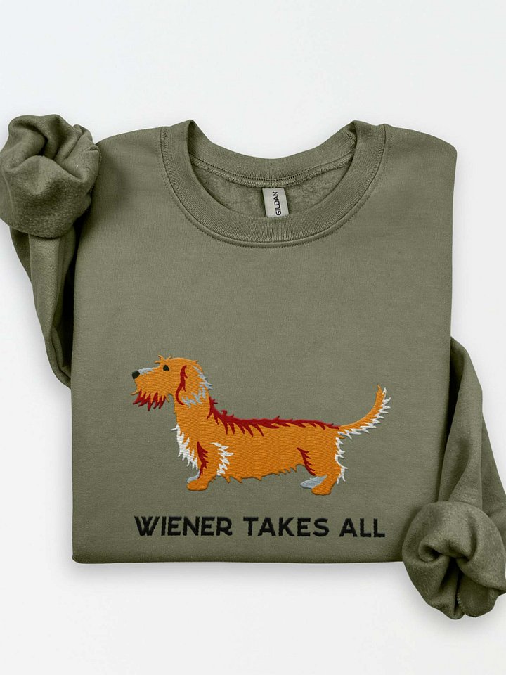 Wiener Takes All Sweatshirt (Embroidered) of a Wirehaired Dachshund(Tan) product image (1)