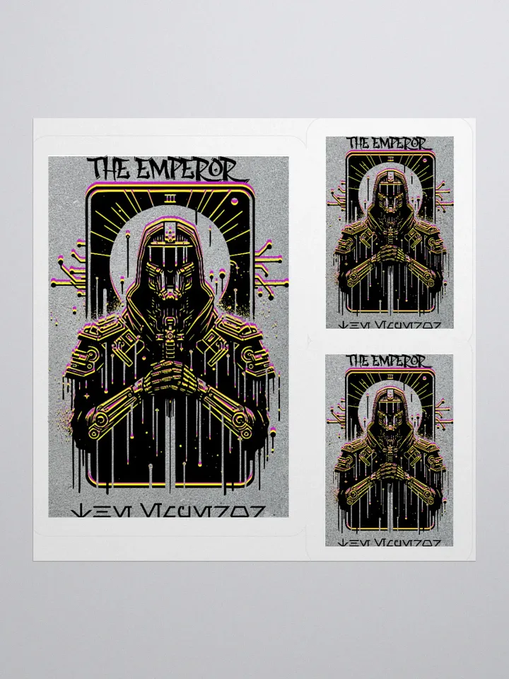 Cyberpunk Tarot Sticker – "The Emperor" Card with Hooded Leather Coat, Armored Gauntlets & Sword – Futuristic Graffiti Stencil Vinyl Decal product image (3)
